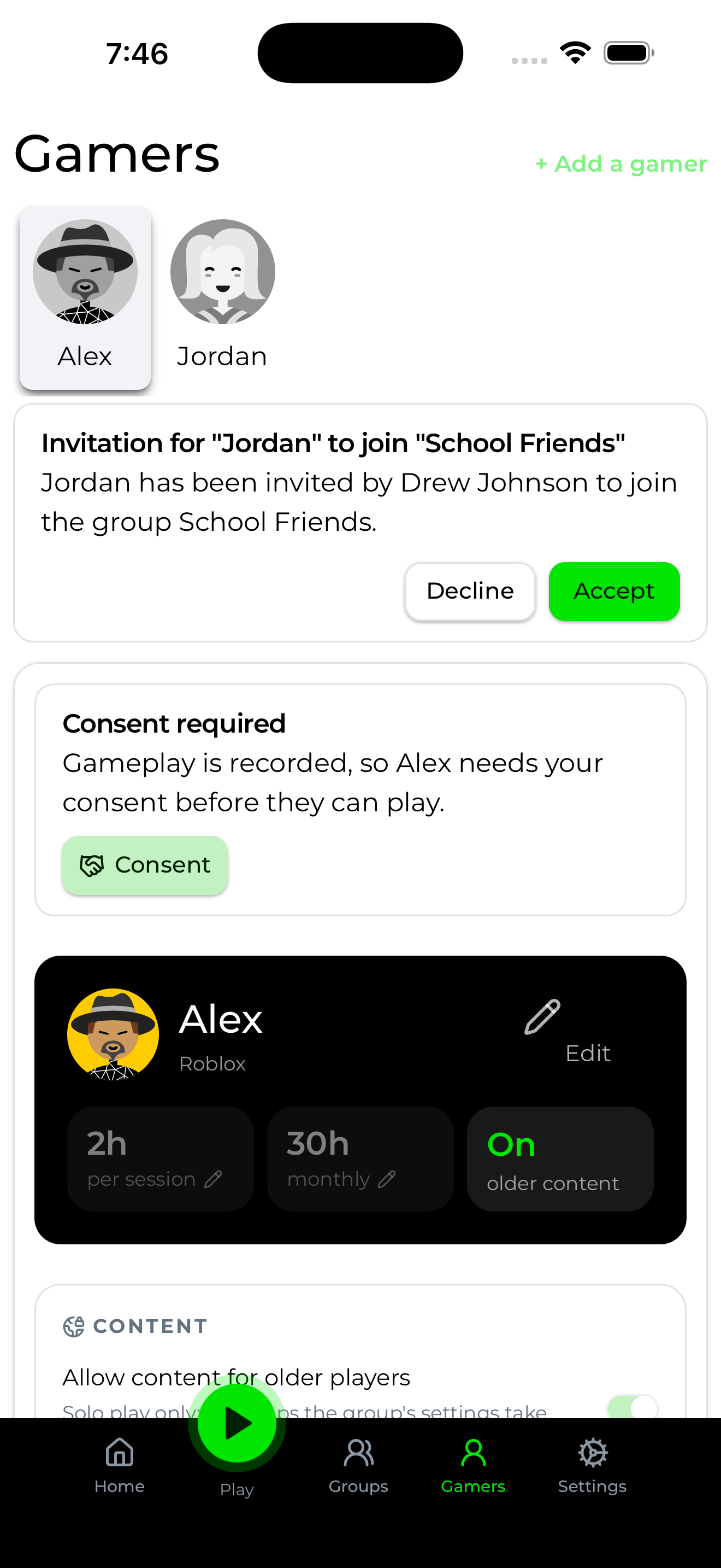 Per-child gamer profiles, Alex, Jordan, and Add, each with their own settings, filters, and time limits
