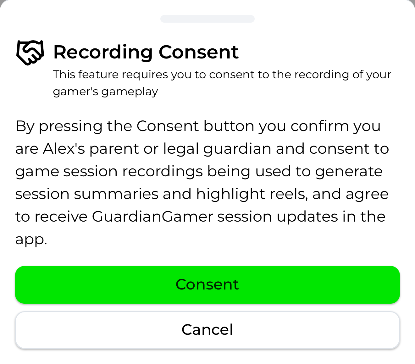 The GuardianGamer recording consent sheet, confirming you are the parent or legal guardian before session recordings are used for summaries and highlight reels