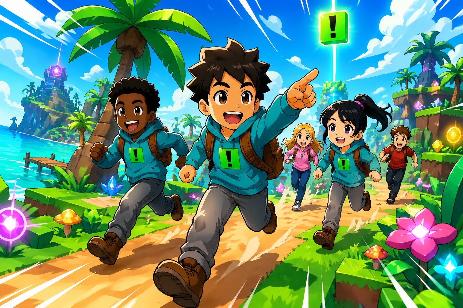 Kids in GuardianGamer hoodies sprinting through a colorful gaming world together